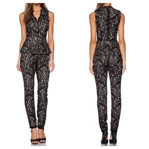 Marchesa Voyage Floral Lace Peplum Waist Slim Fit Jumpsuit sz 10 Black